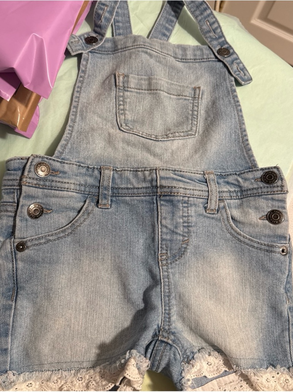 Cat & Jack Light Wash Denim Girls' Lace Trim Short Overalls